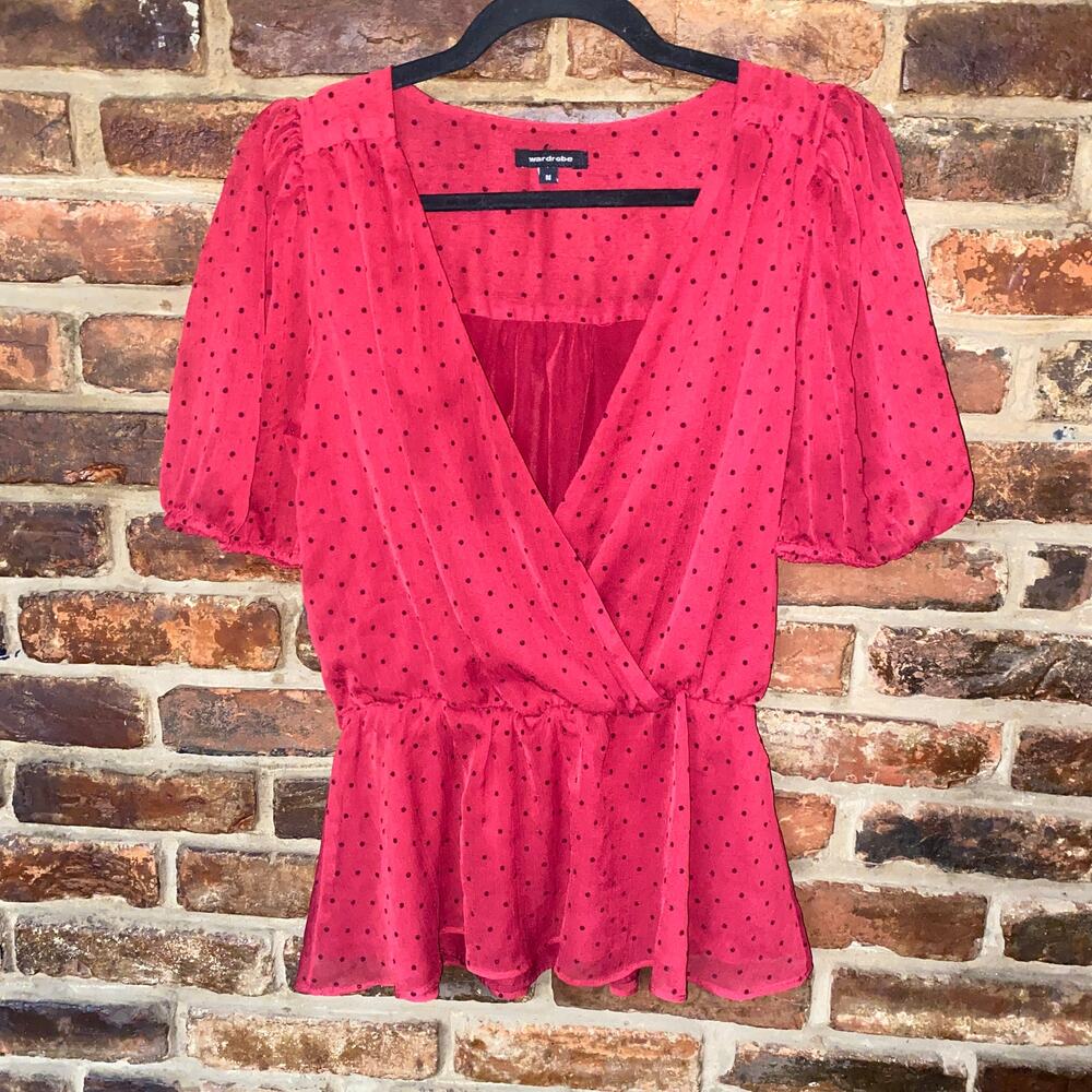 Wardrobe Red Jacquard Dot Short Sleeve Surplice Peplum Top Women's Size Medium